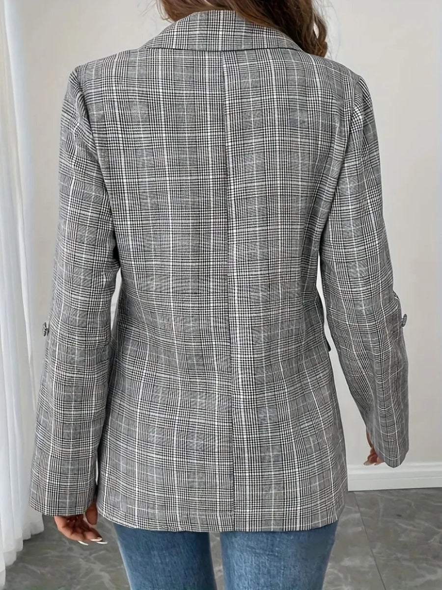 Single - Breasted Lapel Collar Plaid Blazer - CELIVINE