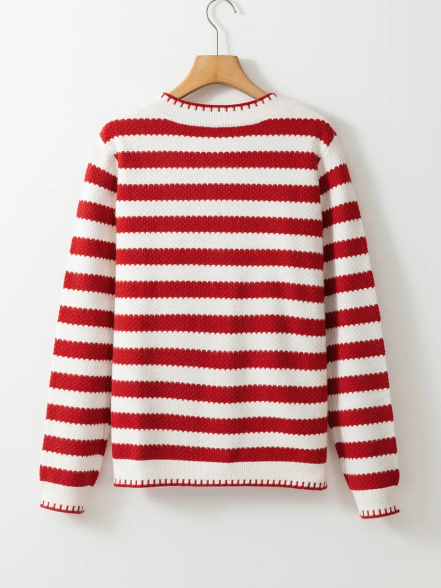 Button Down Striped Long Sleeve Cardigan - CELIVINE