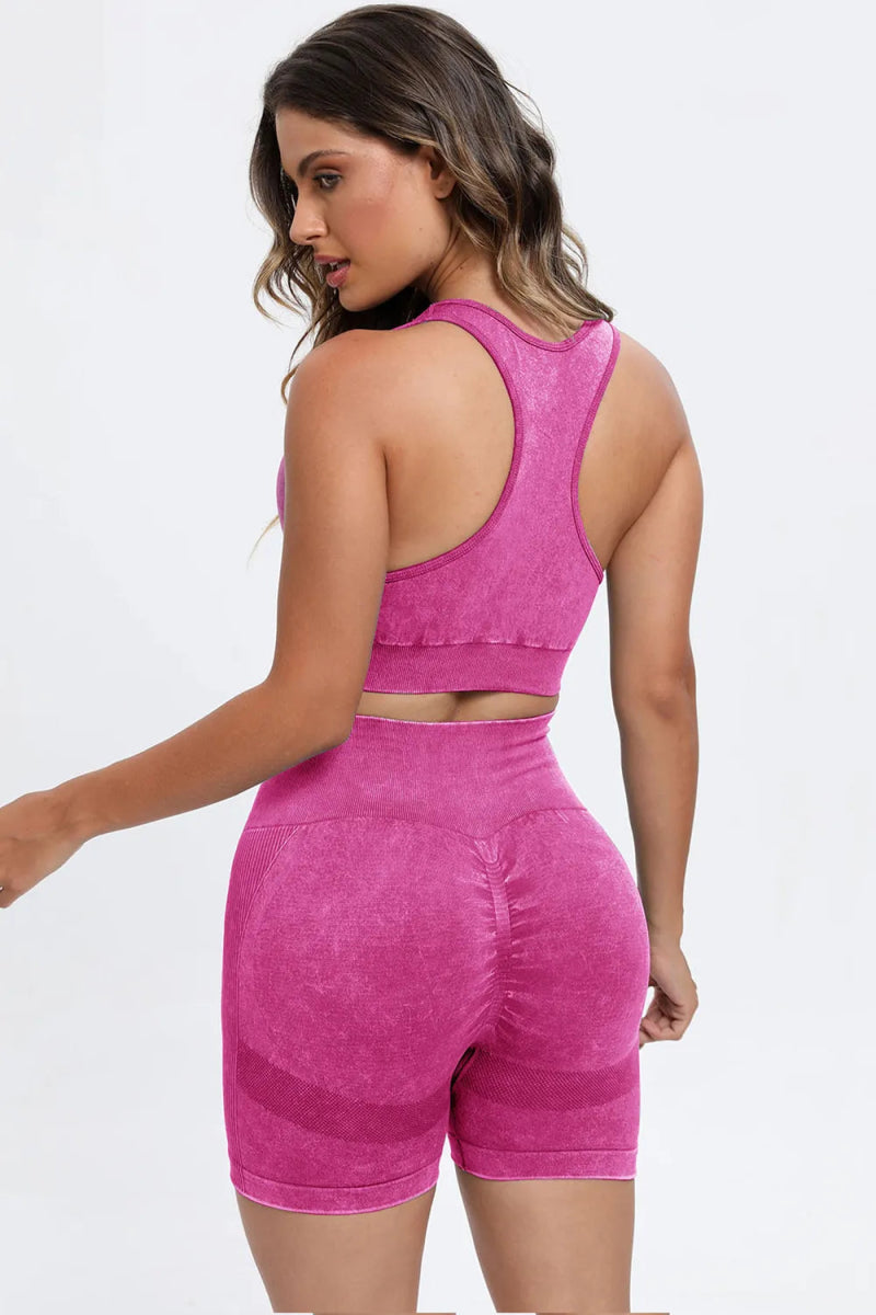 3 Piece Washed Square Neck Wide Strap Active Set - CELIVINE