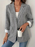 Single - Breasted Lapel Collar Plaid Blazer - CELIVINE
