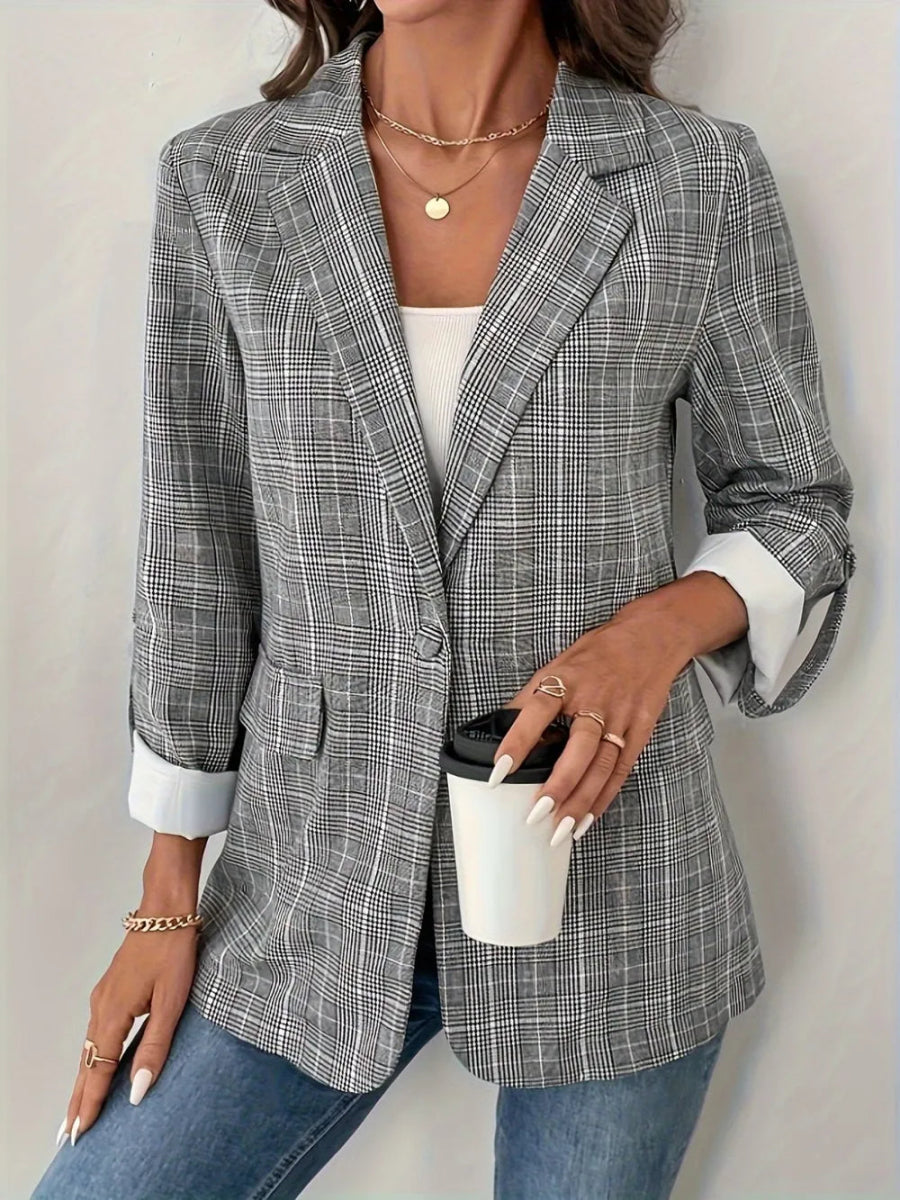 Single - Breasted Lapel Collar Plaid Blazer - CELIVINE