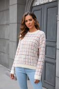 Plaid Round Neck Long Sleeve Pullover Sweater - CELIVINE