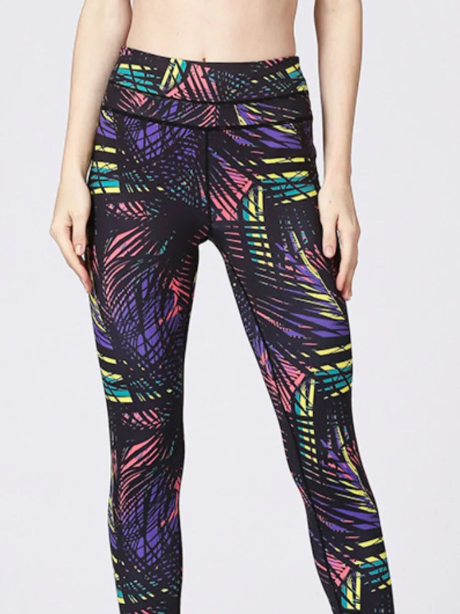 Printed Wide Waistband Active Leggings with Stirrups - CELIVINE