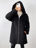 Zip Up Long Sleeve Sherpa Hooded Coat - CELIVINE
