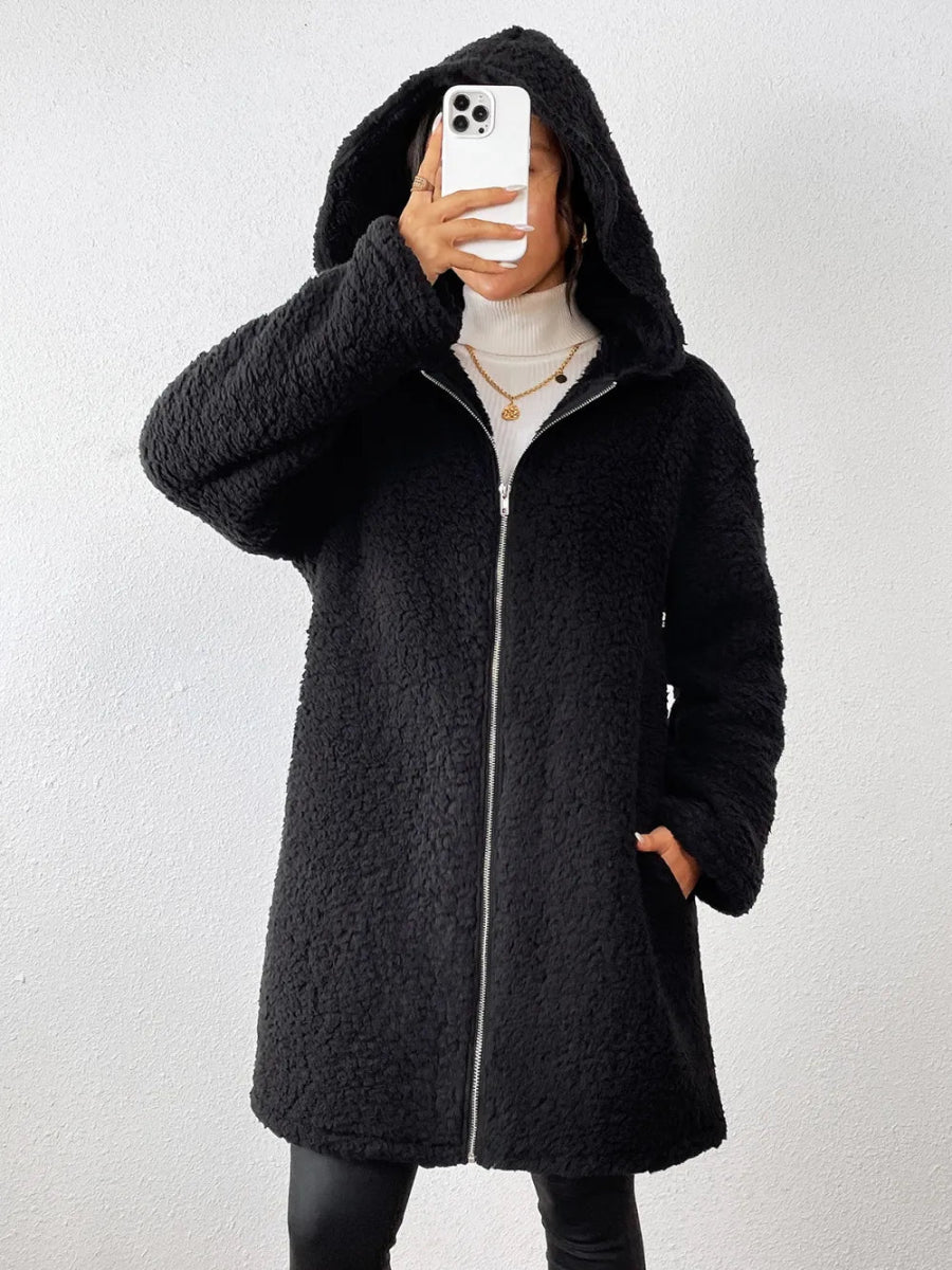 Zip Up Long Sleeve Sherpa Hooded Coat - CELIVINE