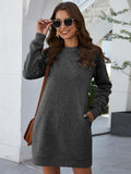 Round Neck Long Sleeve Mini Dress with Pockets - CELIVINE