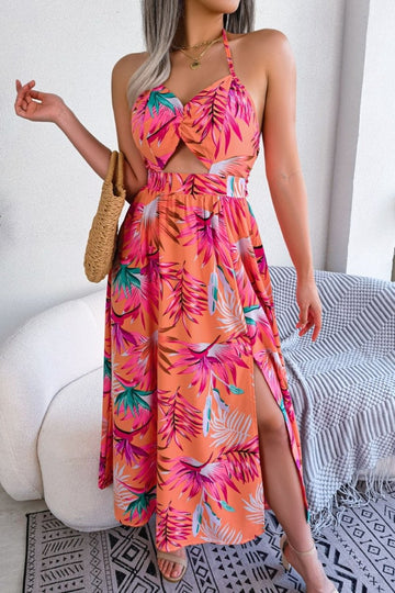Botanical Print Tied Backless Cutout Slit Dress - CELIVINE