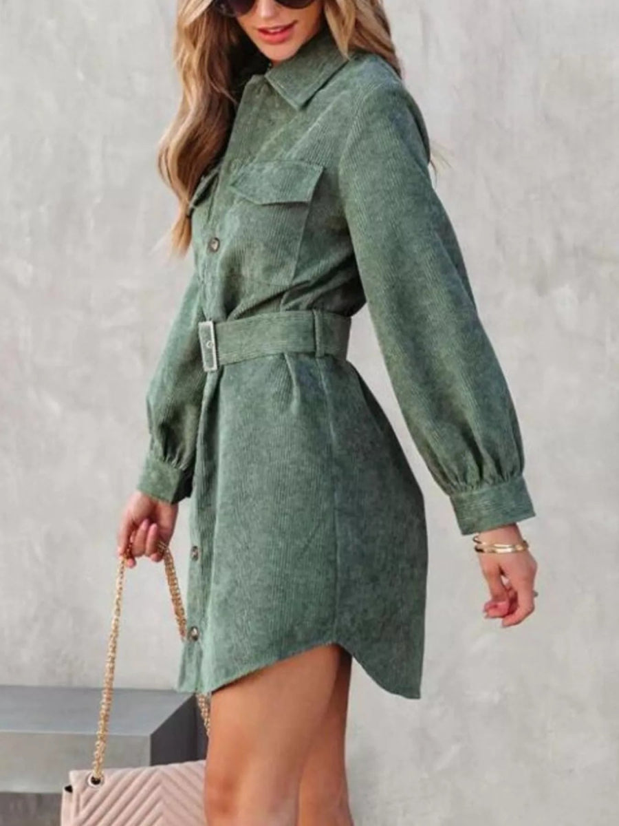 Button Front Belt Long Sleeve Corduroy Dress - CELIVINE