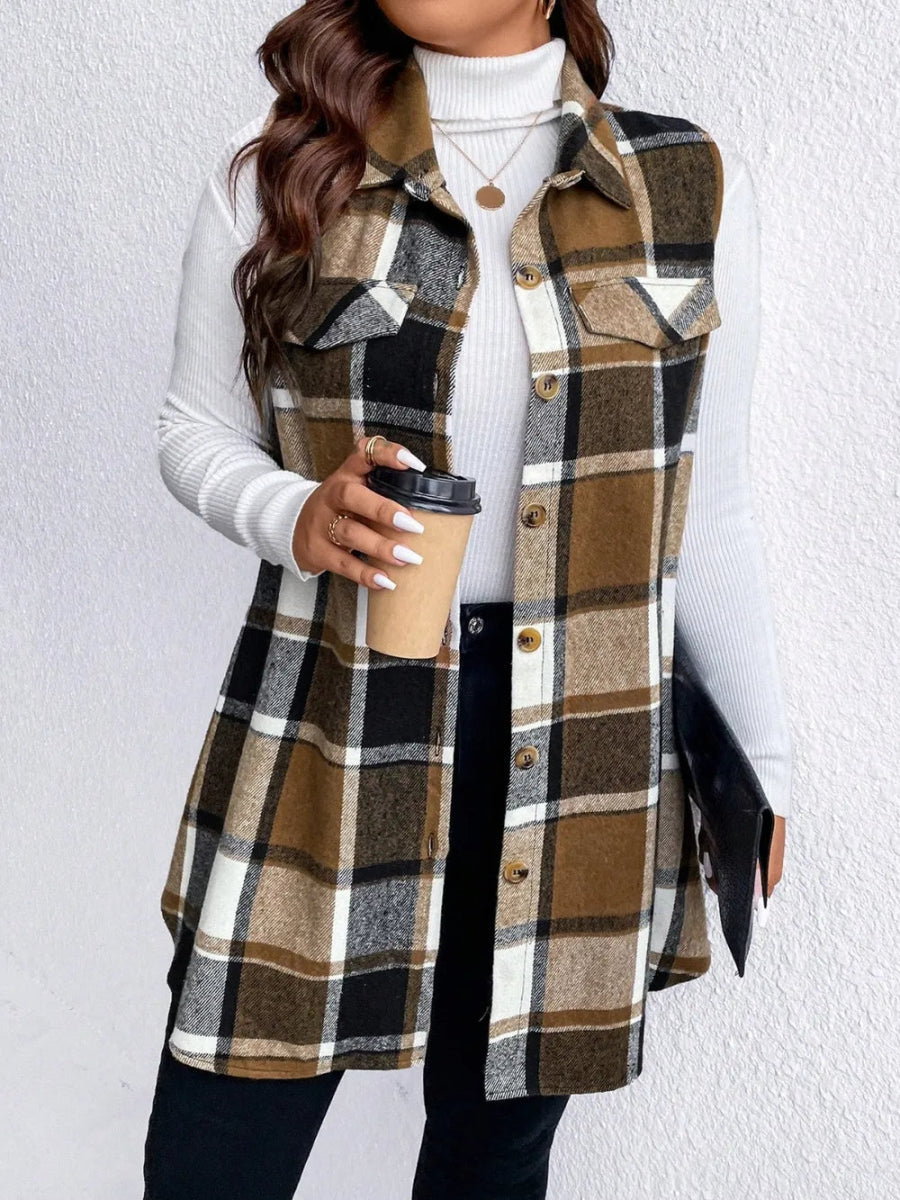 Honey Plus Size Pocketed Plaid Button Up Vest Coat - CELIVINE