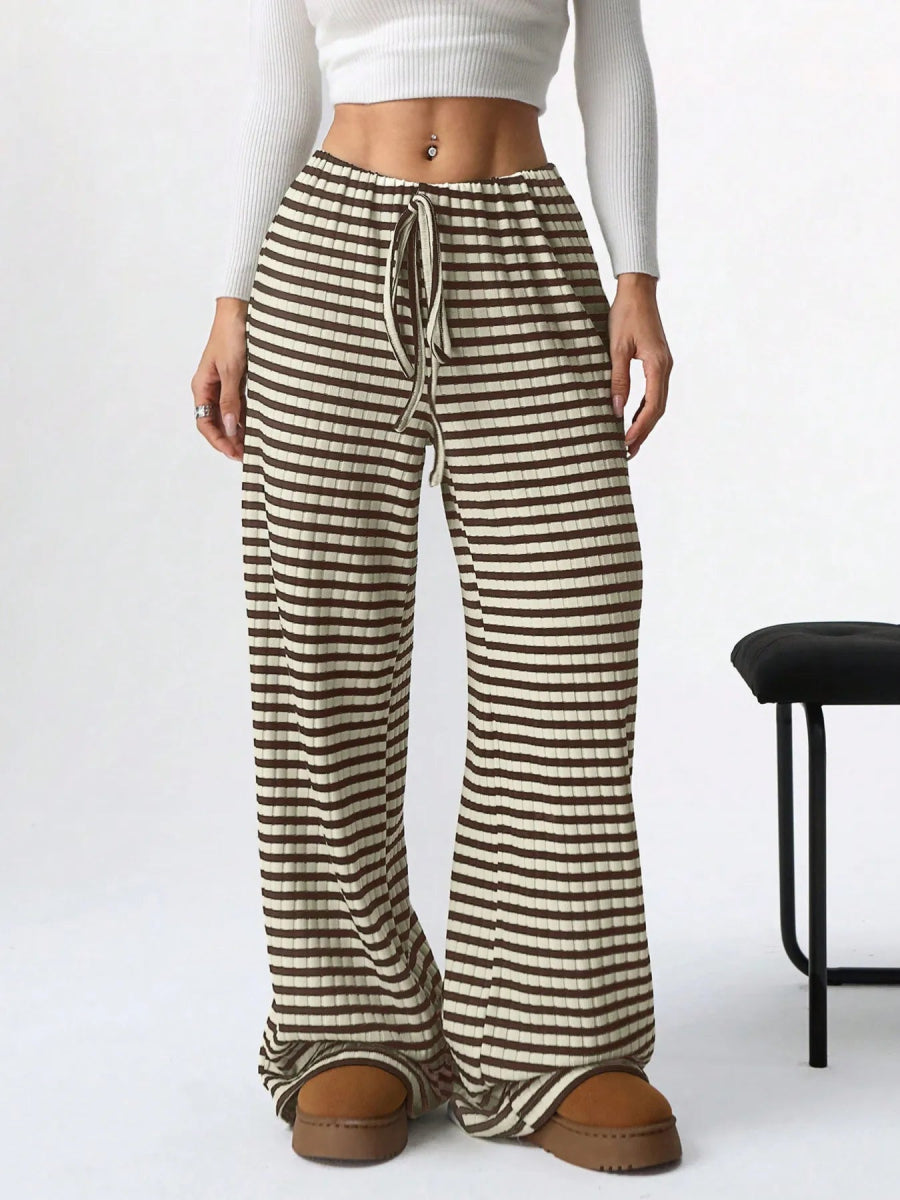 Striped Wide Leg Drawstring Pants - CELIVINE