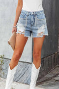 Rhinestone Fringe Distressed Denim Shorts - CELIVINE