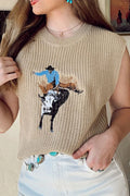 Western Cowboy Embroidery Round Neck Sleeveless Sweater - CELIVINE