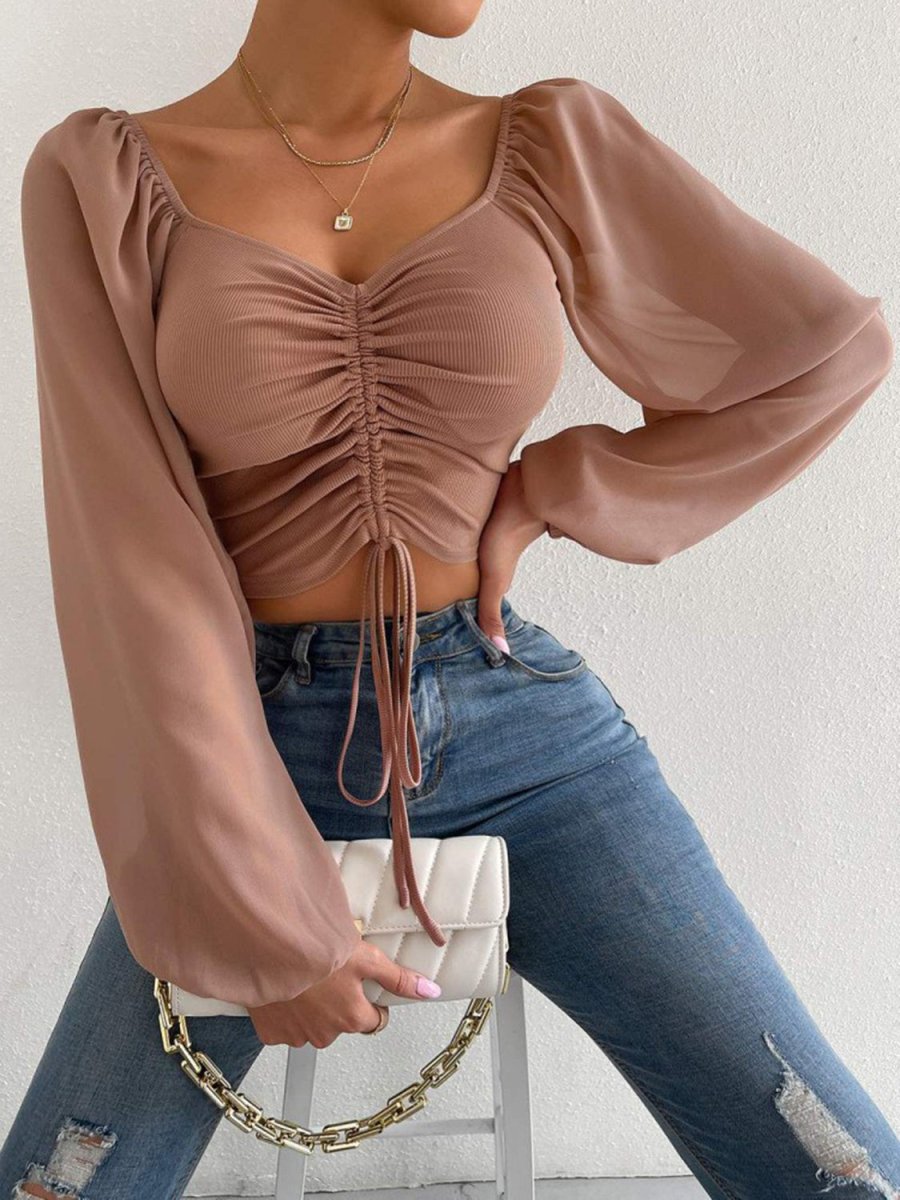 Drawstring Sweetheart Neck Cropped Top - CELIVINE