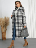 Plaid Double - Breasted Long Sleeve Longline Coat - CELIVINE