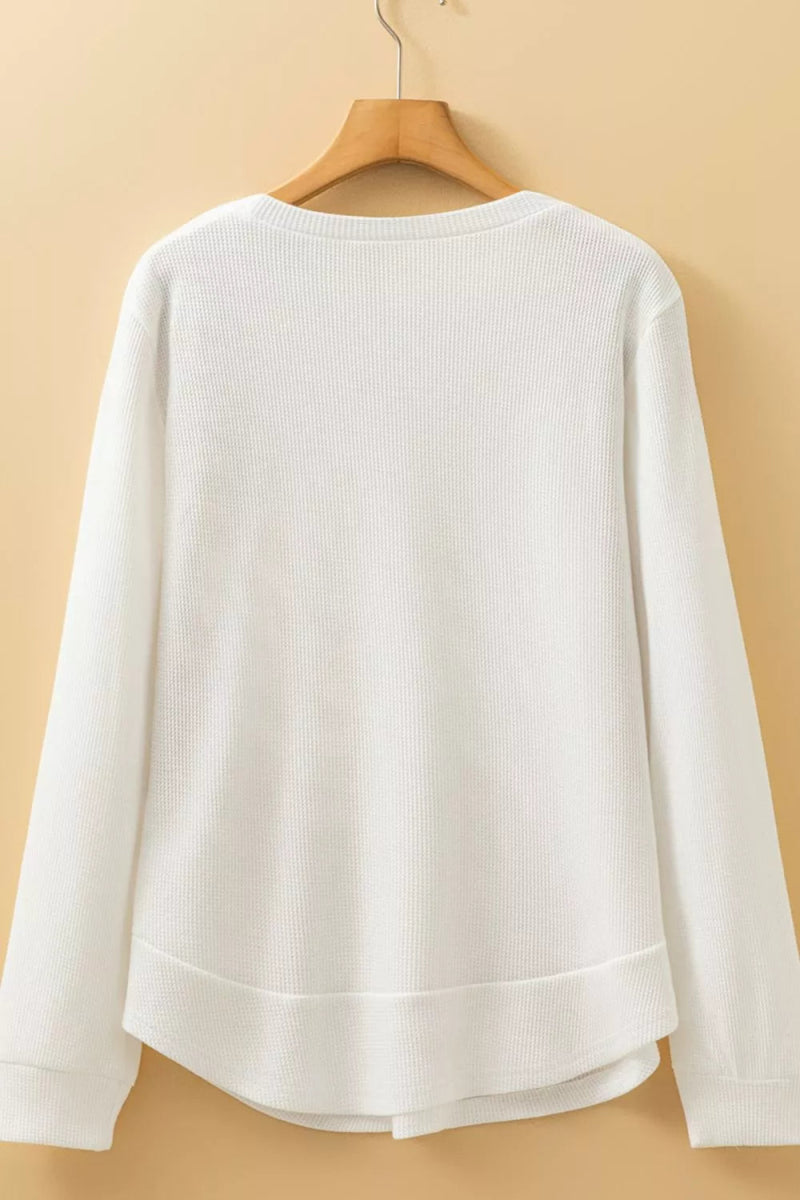 Rounded Neck Waffle Long Sleeve Top - CELIVINE