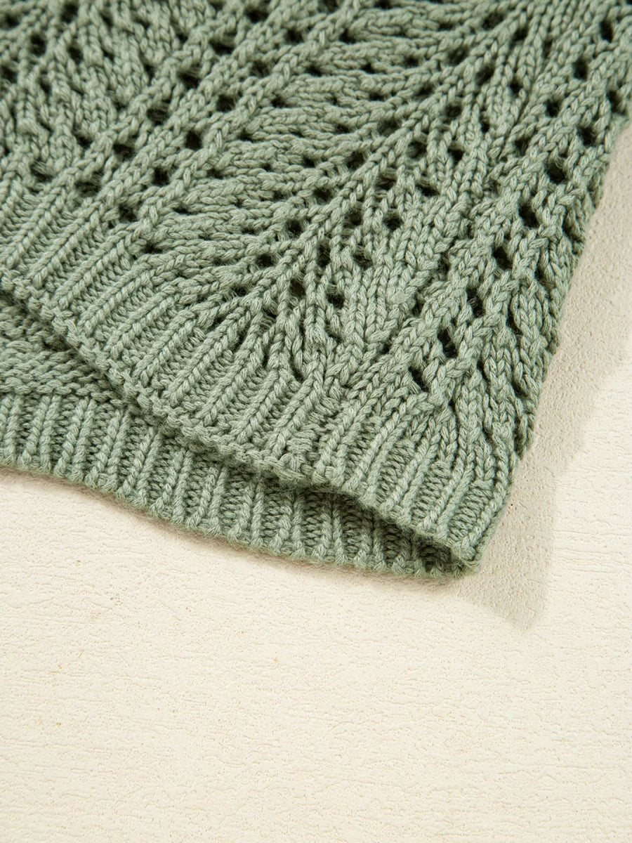 Scalloped Edge Eyelet Knit Batwing Sleeve Cardigan - CELIVINE