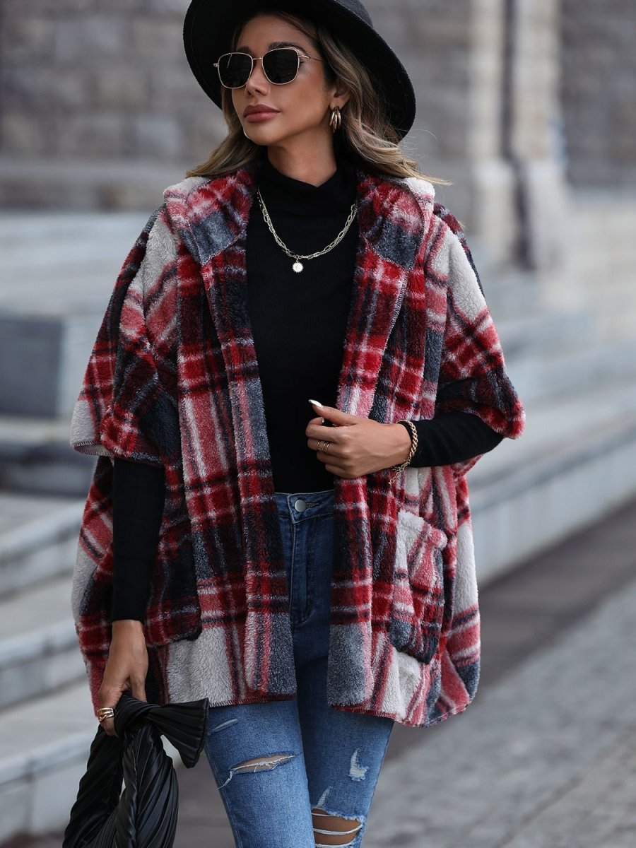 Plaid Hooded Coat with Pockets - CELIVINE