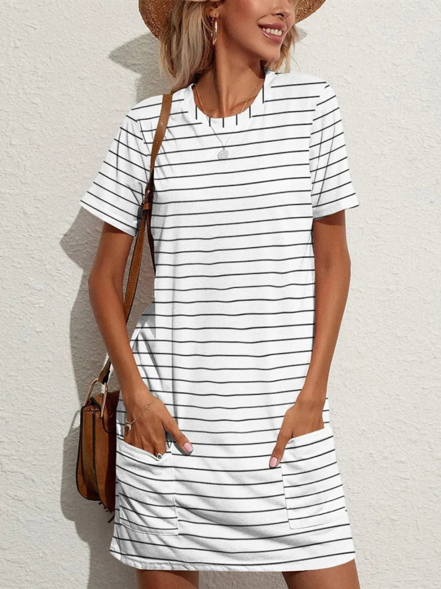 Pocketed Striped Round Neck Short Sleeve Dress - CELIVINE