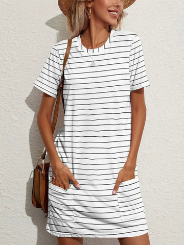 Pocketed Striped Round Neck Short Sleeve Dress - CELIVINE
