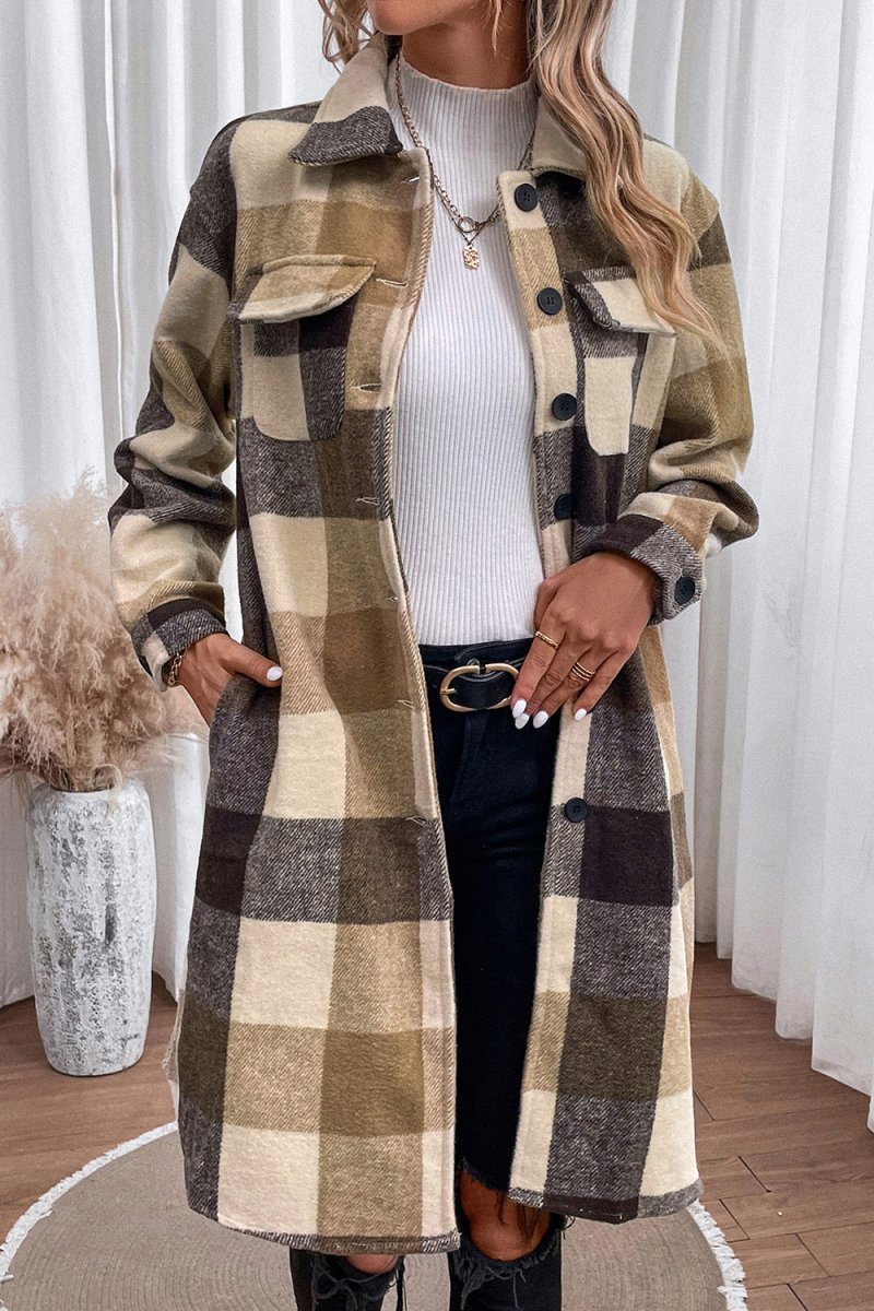 Plaid Button Down Longline Coat - CELIVINE