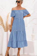 Plaid Off - Shoulder Tiered Midi Dress - CELIVINE