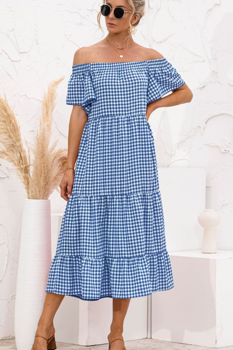 Plaid Off - Shoulder Tiered Midi Dress - CELIVINE