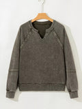 Lace Patchwork Detail Notched Mineral Wash Sweatshirt - CELIVINE