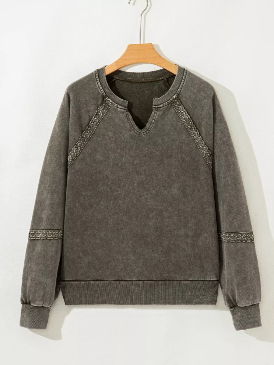 Lace Patchwork Detail Notched Mineral Wash Sweatshirt - CELIVINE