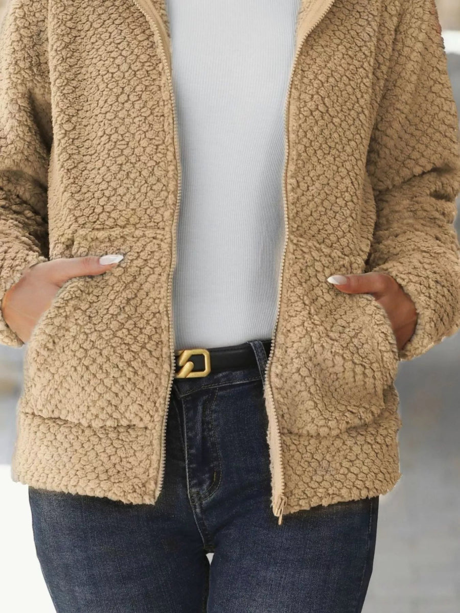 Textured Knit Zip - Up Hooded Outerwear - CELIVINE