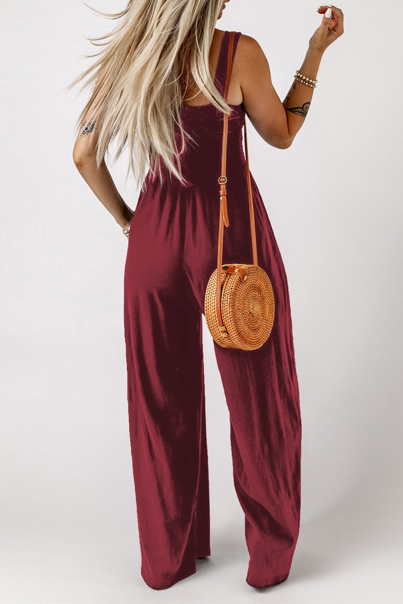 Smocked Square Neck Wide Leg Jumpsuit with Pockets - CELIVINE