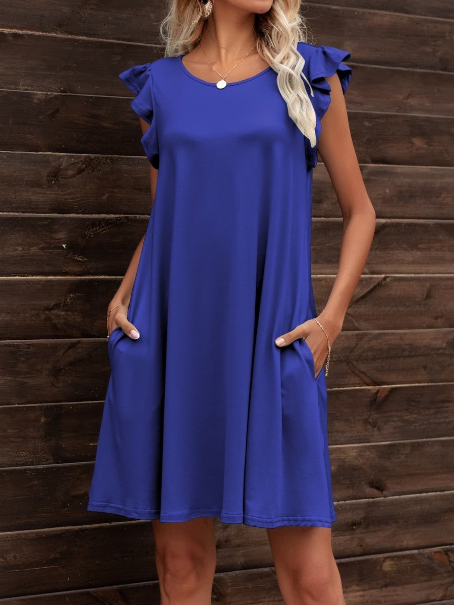 Round Neck Flutter Sleeve Dress with Pockets - CELIVINE